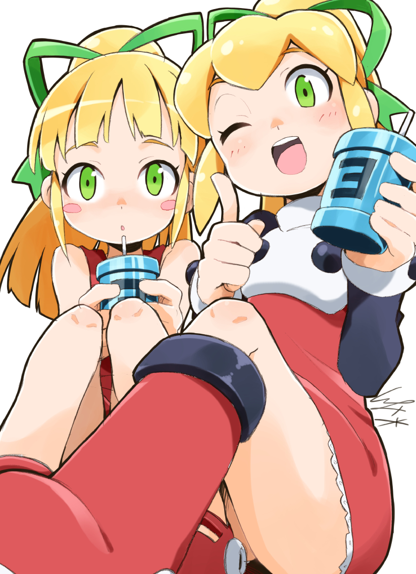 2girls, :o, ;d, android, bangs, bare_shoulders, blush, blush_stickers