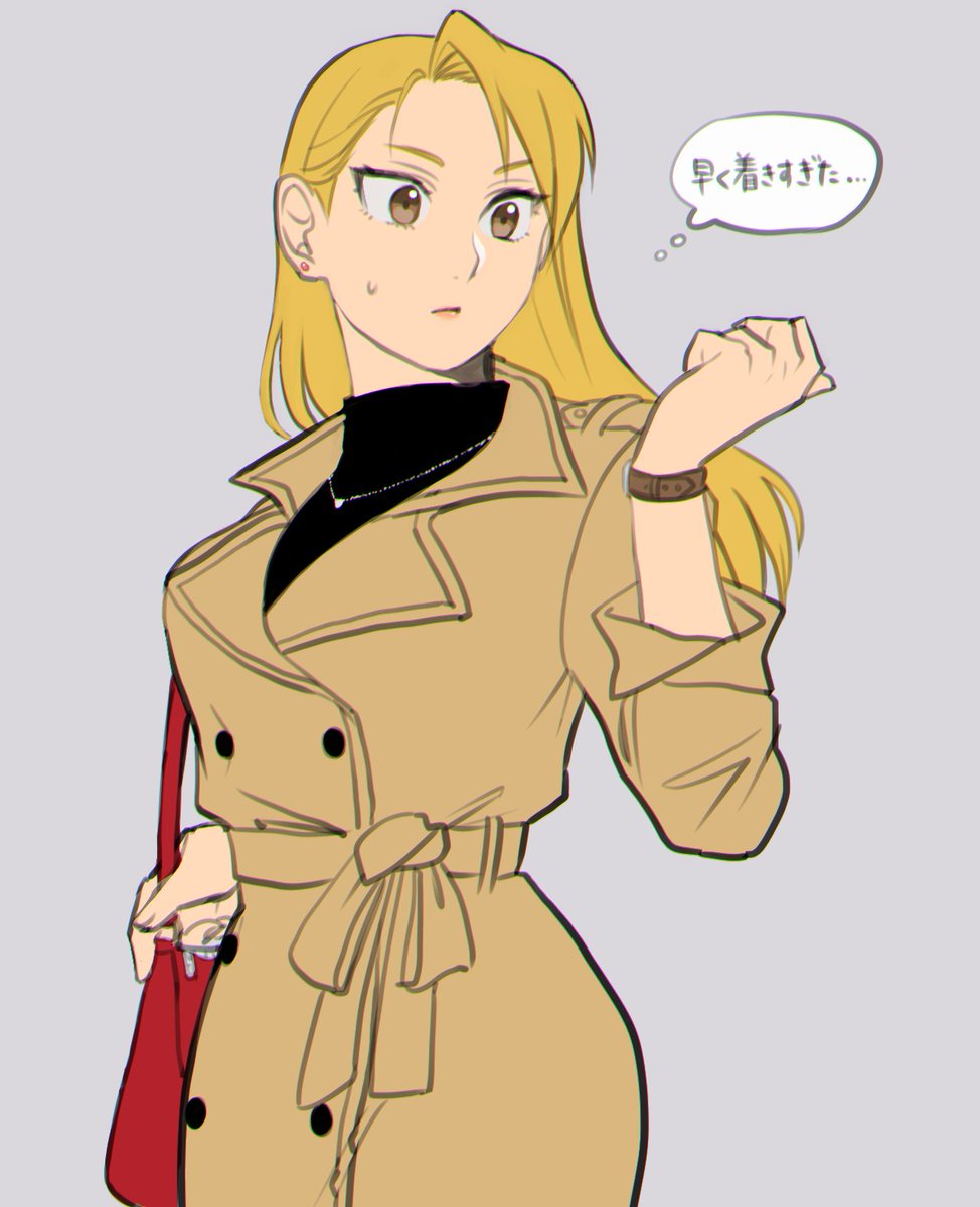 1girl, bag, belt, black_shirt, blonde_hair, breasts, brown_coat, brown_eyes
