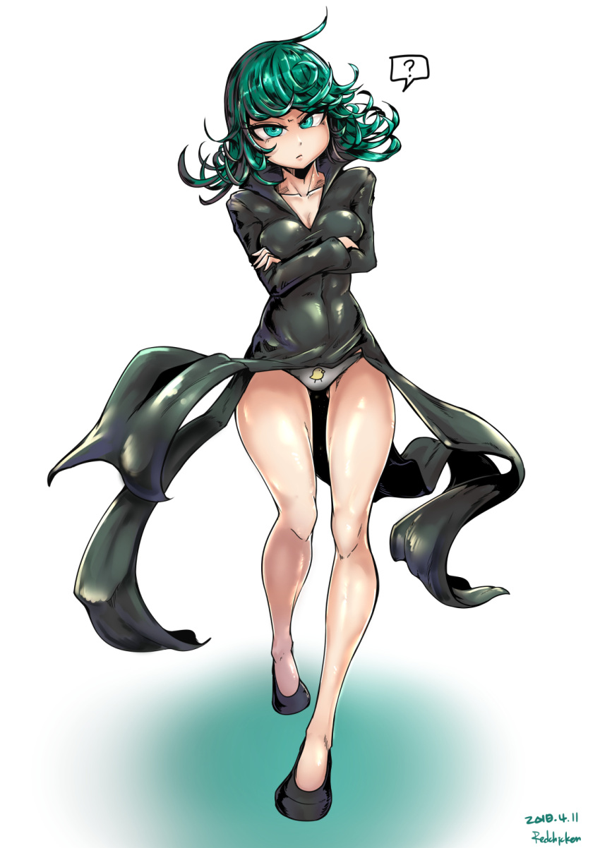 1girl, ?, animal_print, black_dress, breasts, crossed_arms, curly_hair, dress, full_body, green_eyes, green_hair, highres, one-punch_man, panties, redchicken, simple_background, solo, spoken_question_mark, tatsumaki, underwear, white_background, white_panties