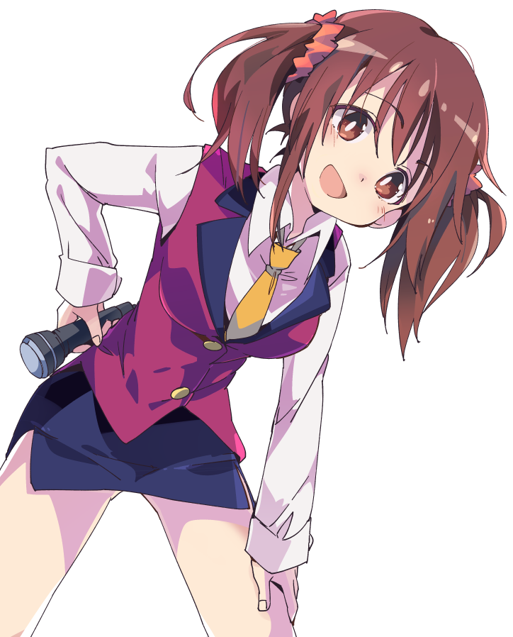 1girl, :d, bangs, black_skirt, blush, breasts, brown_eyes, brown_hair