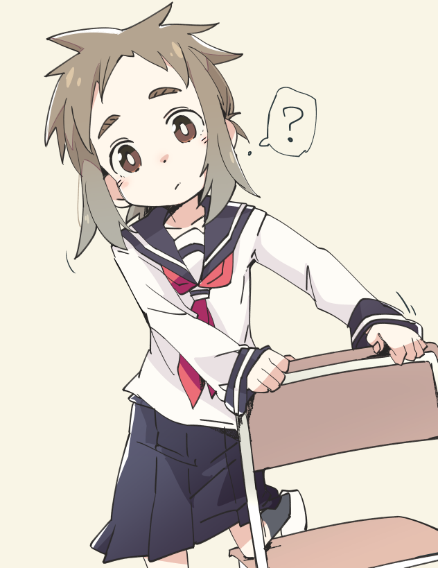 1girl, ?, bangs, beige_background, black_legwear, black_sailor_collar, black_skirt, brown_eyes
