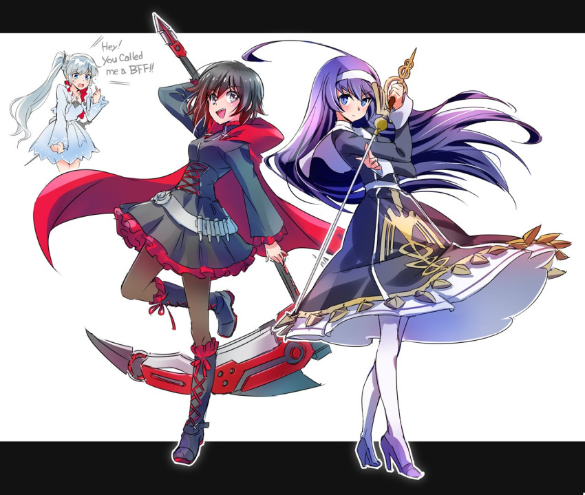3girls, blazblue:_cross_tag_battle, blue_eyes, boots, commentary_request, english, frilled_skirt, frills