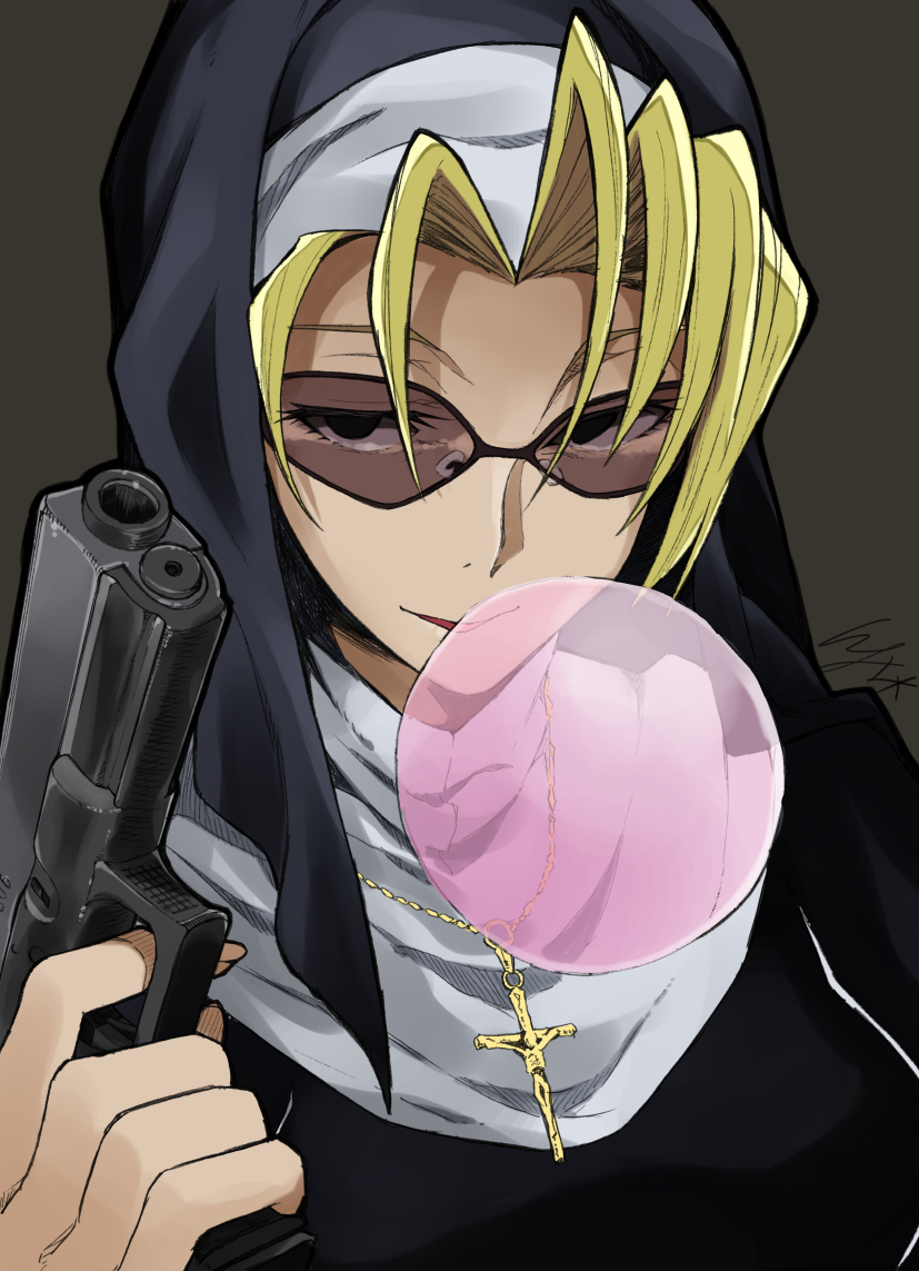 1girl, black_eyes, black_lagoon, blonde_hair, breasts, bubble_blowing, chewing_gum, cross, cross_necklace, eda_(black_lagoon), eyebrows, eyelashes, finger_on_trigger, fingernails, grey_background, gun, habit, hair_intakes, handgun, holding, holding_gun, holding_weapon, io_naomichi, jewelry, long_fingernails, medium_breasts, necklace, nun, open_mouth, short_hair, simple_background, smile, solo, sunglasses, turtleneck, upper_body, weapon