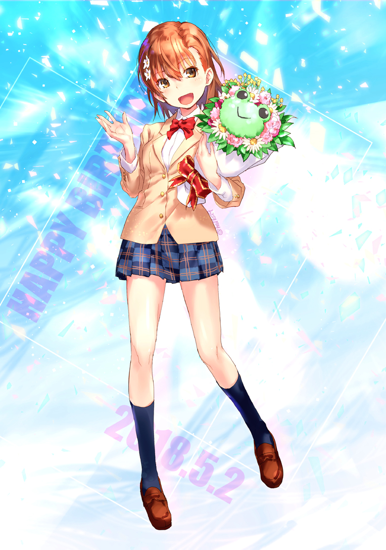 1girl, :d, bangs, beige_blazer, black_legwear, blazer, blue_skirt, blush