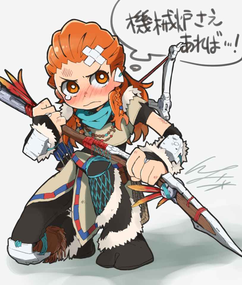 1girl, aloy_(horizon), bandage, bandaged_head, bandanna, bead_necklace, beads, blush