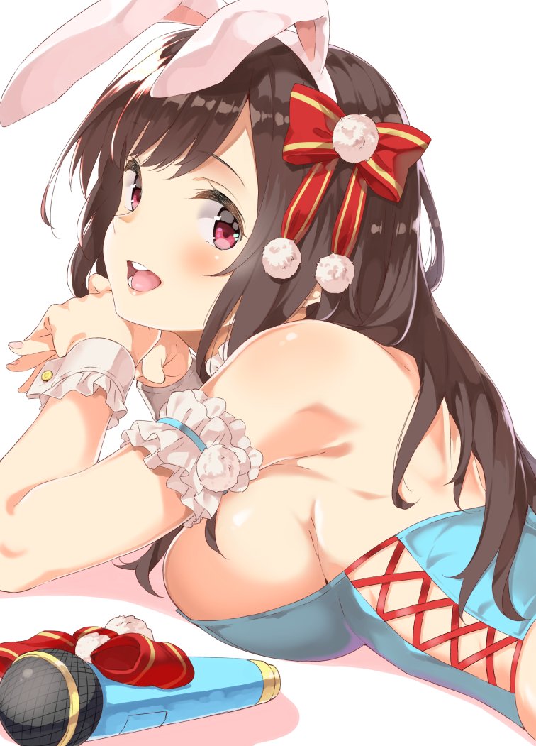 1girl, animal_ears, bare_shoulders, bow, breasts, brown_hair, cuffs, hair_bow