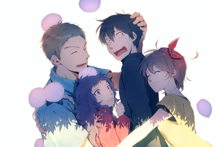 2boys, 2girls, ^_^, black_hair, black_shirt, blue_shirt, brown_hair, clenched_teeth, closed_eyes, closed_mouth, constricted_pupils, creature, crying, crying_with_eyes_open, from_behind, from_side, hair_ribbon, hand_on_another's_head, hug, kanzaki_shiori, kirisame_ga_furu_mori, kybanchou, light_smile, long_hair, long_sleeves, mochizuki_yousuke, multiple_boys, multiple_girls, open_mouth, outstretched_arm, pink_eyes, police, police_uniform, policeman, purple_hair, red_ribbon, ribbon, sakuma_miyako, sandwiched, shirt, short_hair, short_sleeves, silhouette, smile, suga_koutarou, tears, teeth, triangle_mouth, uniform, wavy_mouth, white_background, yellow_shirt, |_|