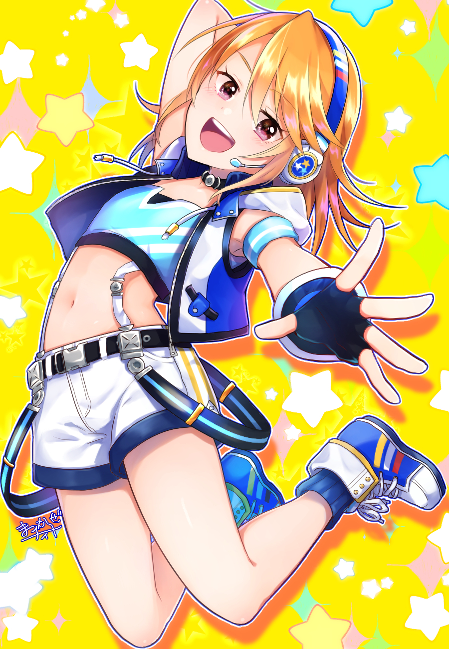 1girl, :d, aqua_shirt, arm_behind_head, armband, armpit_peek, bangs, belt