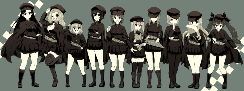 6+girls, :d, ;d, alternate_headwear, anchovy, arm_behind_back, arm_grab, asymmetrical_bangs
