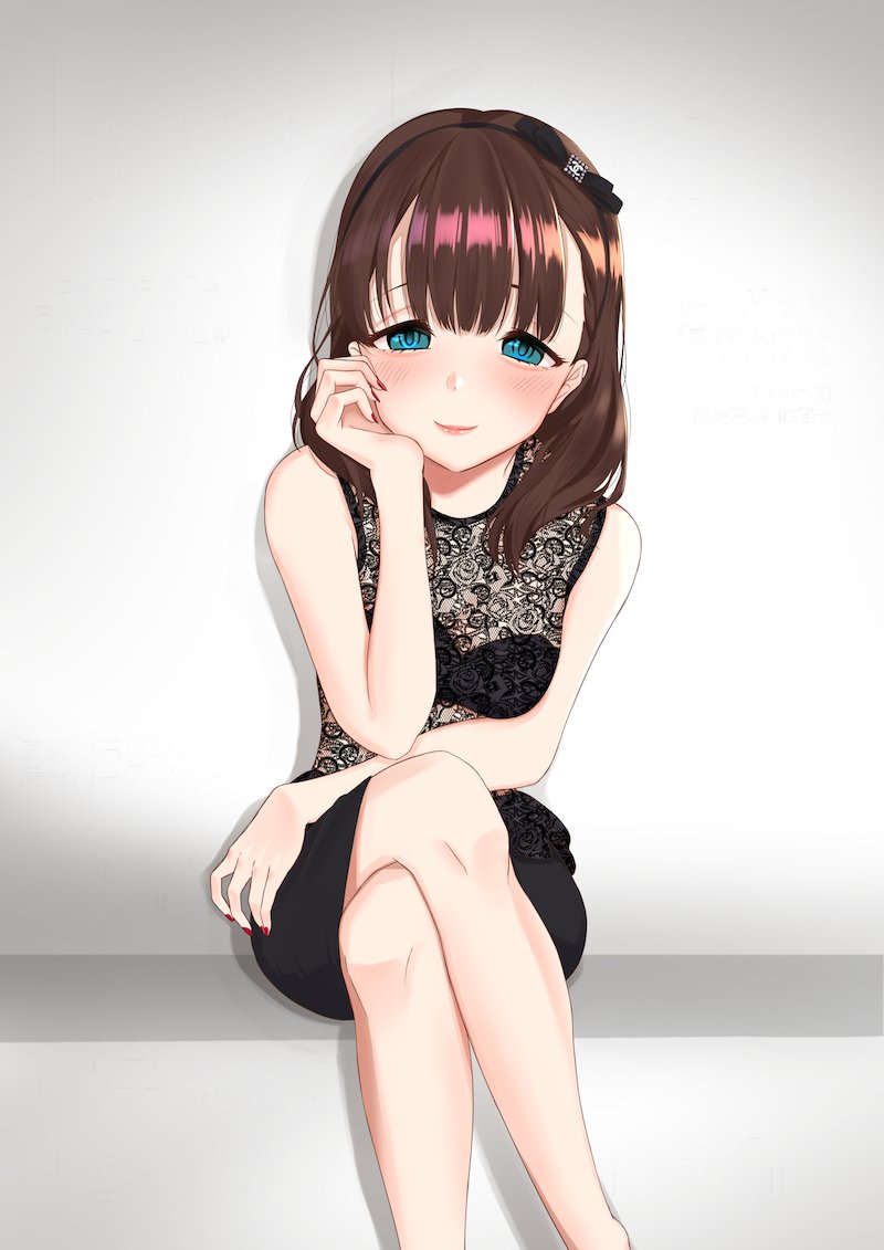1girl, bare_shoulders, black_dress, black_hairband, blue_eyes, blush, bow, brown_hair