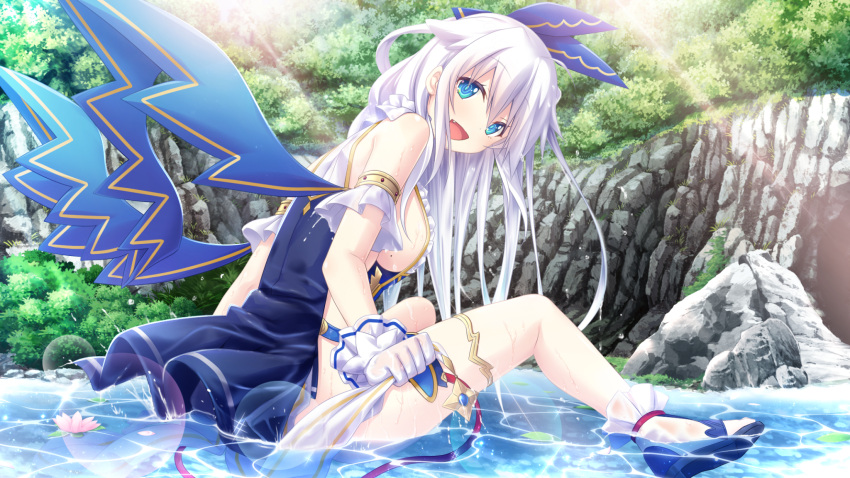 1girl, :d, amayui_castle_meister, armlet, blue_eyes, blue_footwear, blue_ribbon, blue_wings, breasts, day, dia_(amayui_castle_meister), eyebrows_visible_through_hair, floating_hair, gloves, hair_between_eyes, hair_ribbon, headband, highres, large_breasts, lens_flare, long_hair, looking_at_viewer, open_mouth, outdoors, ribbon, sideboob, silver_hair, sitting, smile, solo, very_long_hair, water, white_gloves, wings, yano_mitsuki