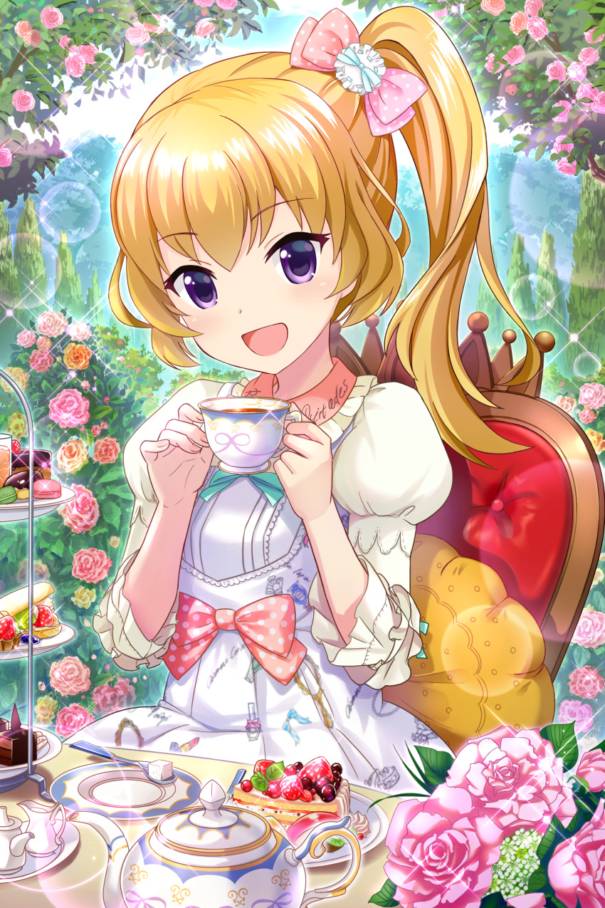 1girl, :d, absurdres, alternative_girls, blonde_hair, blue_sky, bow, coffee_cup