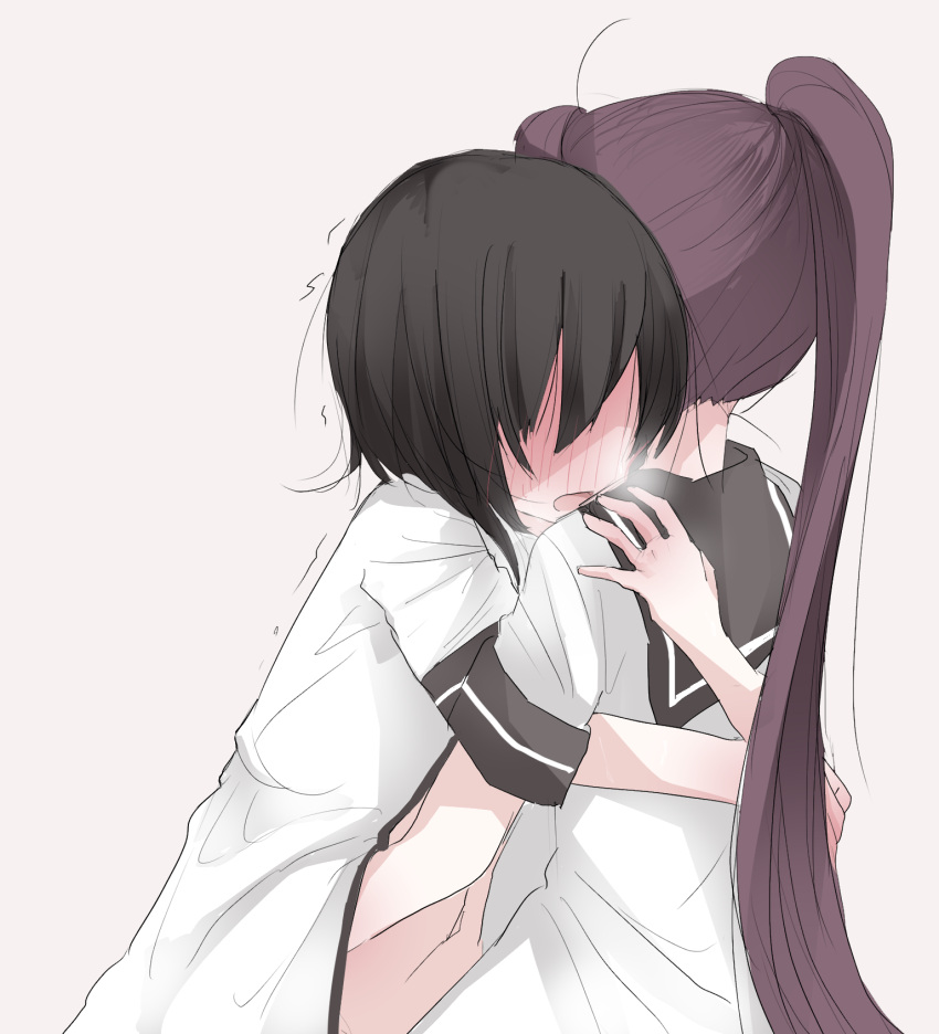 2girls, bangs, beige_background, black_hair, black_sailor_collar, blouse, blush, breath