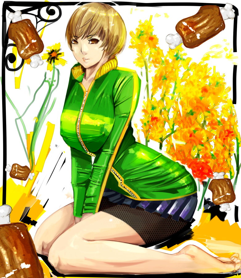 bike_shorts, brown_hair, cevoy, feet, persona, persona_4, satonaka_chie, skirt
