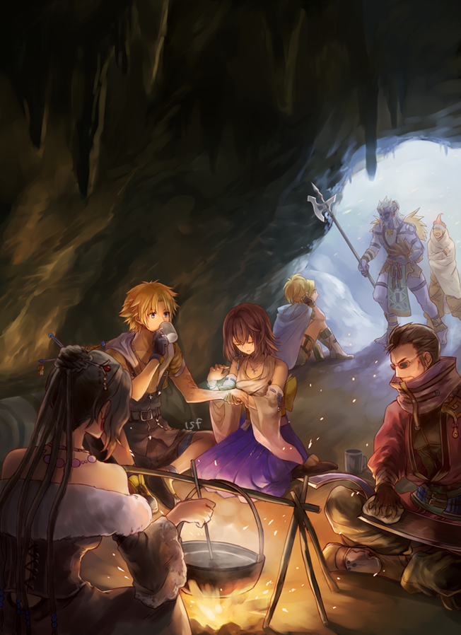 3girls, 4boys, auron, beads, beard, black_hair, blonde_hair, brown_hair
