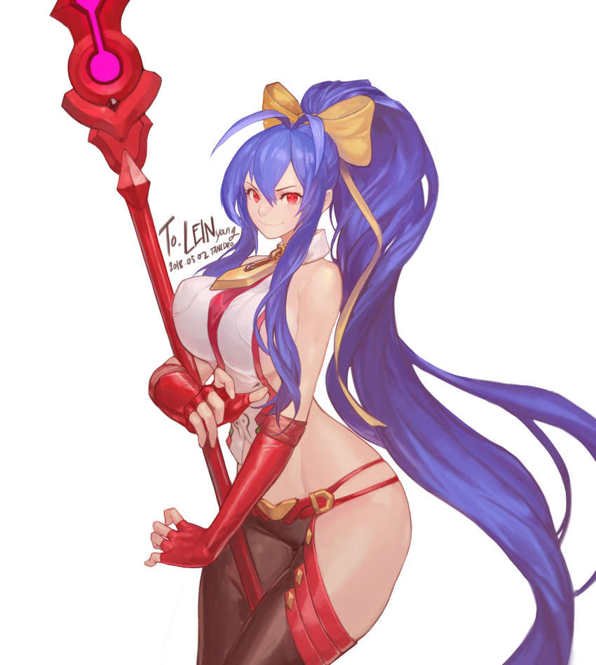 >:), 1girl, antenna_hair, backless_outfit, bare_shoulders, between_legs, black_pants, blazblue