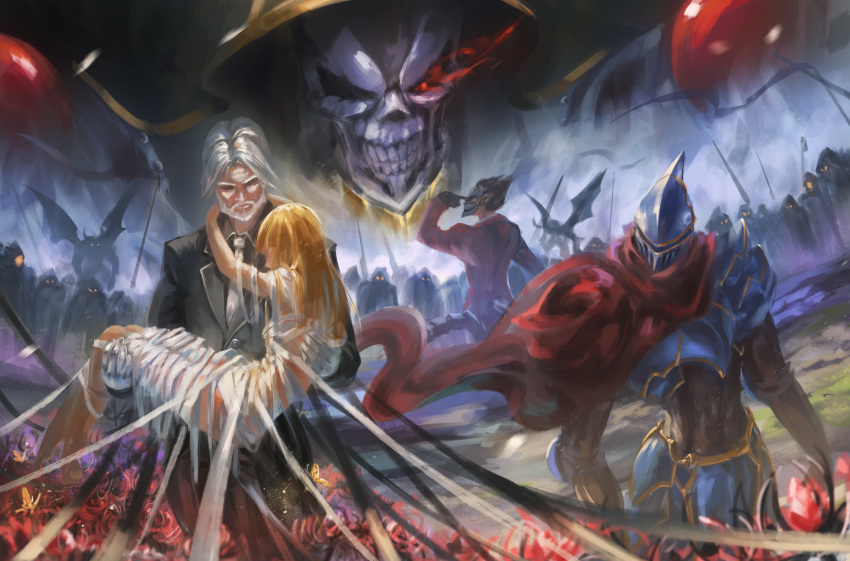 1girl, 3boys, absurdres, ainz_ooal_gown, armor, background_activity, bandage, beard