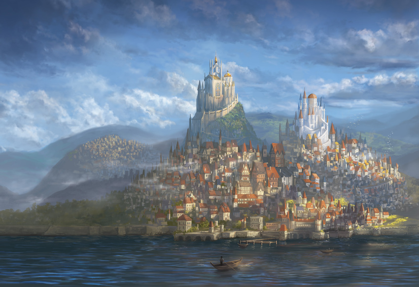1other, alayna_danner, ambiguous_gender, blue_sky, boat, castle, city, clouds