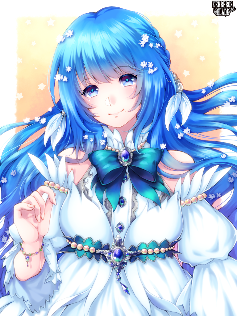 1girl, bead_bracelet, beads, blue_bow, blue_eyes, blue_hair, blue_neckwear, blush