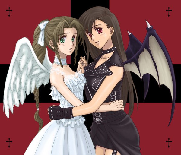 aerith_gainsborough, akaza_shiro, angel, angel_and_devil, angel_wings, bat_wings, black_hair, blush