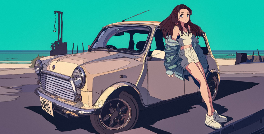 1girl, beach, black_hair, blue_bra, blue_eyes, blue_jacket, bra, car