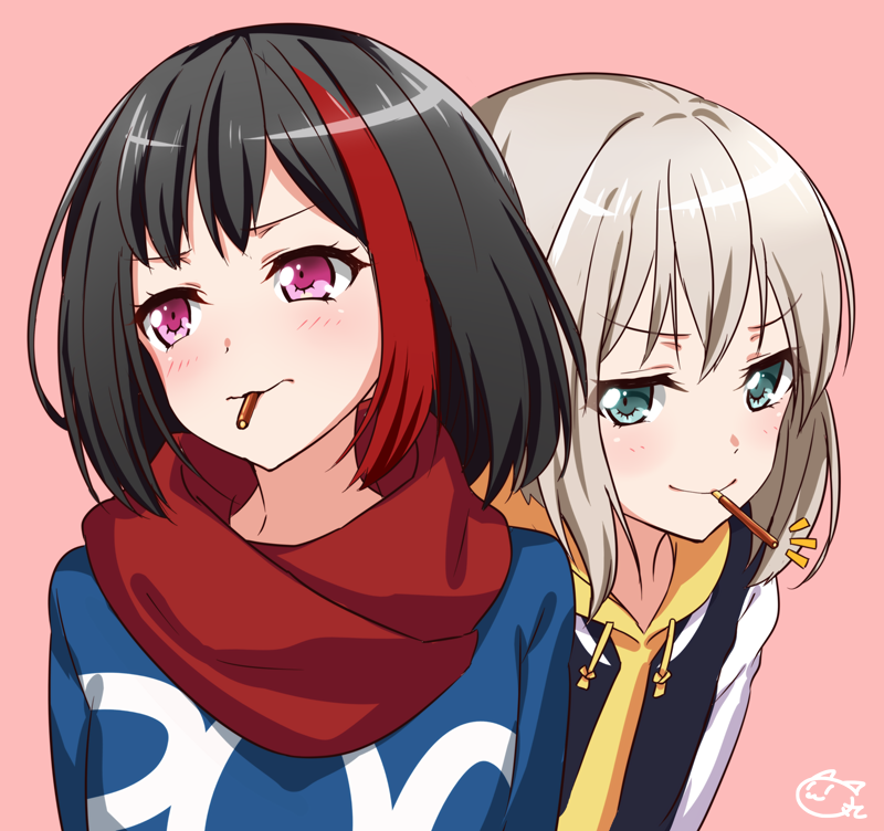 >:), 2girls, aoba_moca, bang_dream!, bangs, black_hair, blue_eyes, blue_shirt