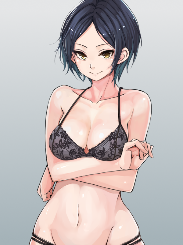 1girl, bangs, black_bra, black_hair, blush, bra, breasts, cleavage
