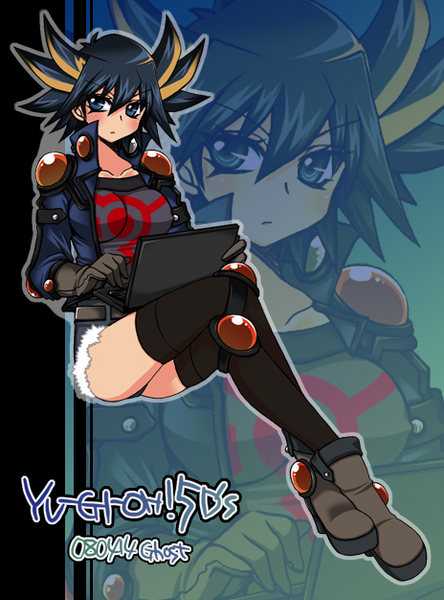 black_hair, blue_eyes, blush, boots, breasts, computer, fudou_yuusei, genderswap