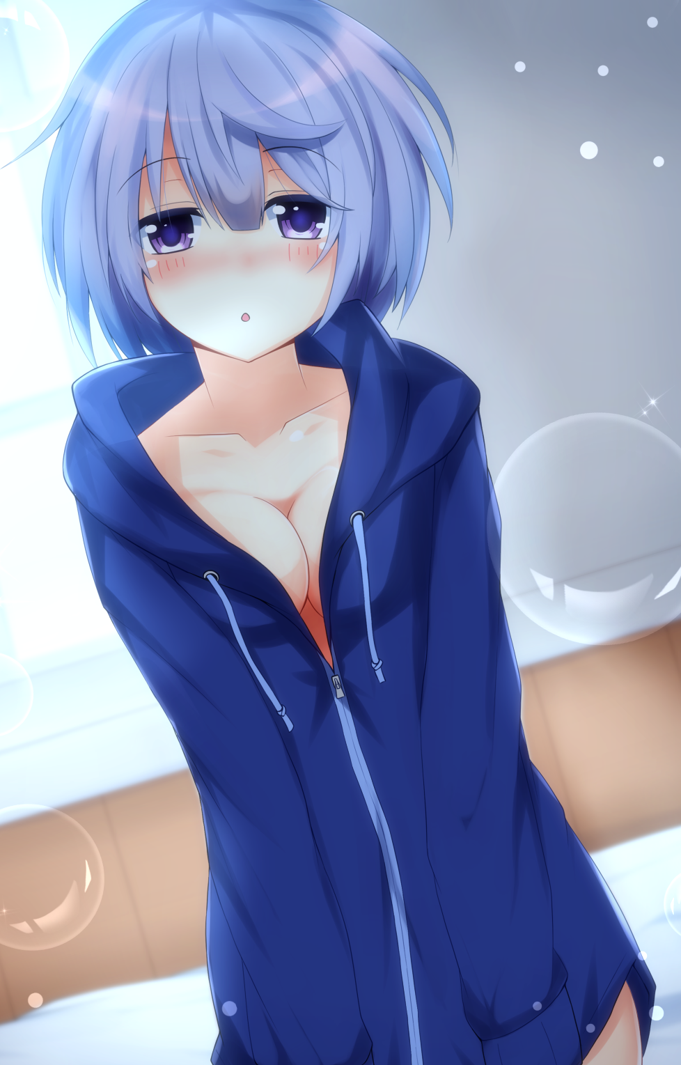 1girl, blue_hair, blue_jacket, breasts, bubble, cleavage, collarbone, cowboy_shot, expressionless, flower_knight_girl, highres, hood, hoodie, ipheion_(flower_knight_girl), jacket, jitome, looking_at_viewer, medium_breasts, shironeko_haru, short_hair, solo, violet_eyes