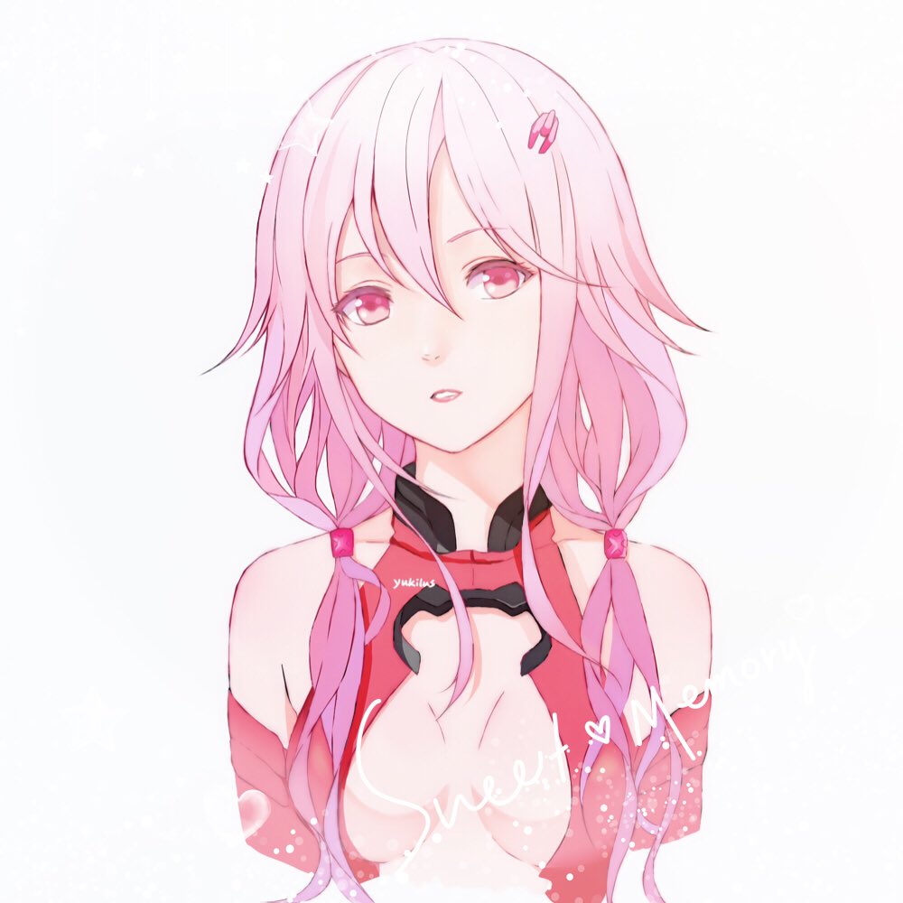 1girl, arms_behind_back, artist_name, bare_shoulders, breasts, cleavage, english, guilty_crown, hair_between_eyes, long_hair, parted_lips, pink_eyes, pink_hair, solo, twintails, upper_body, white_background, yukilus, yuzuriha_inori