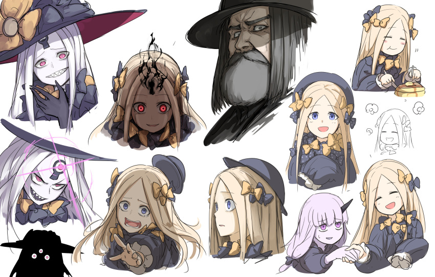 abigail_williams_(fate/grand_order), absurdres, beard, blonde_hair, blue_eyes, bow, crying, crying_with_eyes_open, darkness, expressions, facial_hair, fate/grand_order, fate_(series), food, grey_eyes, grey_hair, hat, highres, kan_(aaaaari35), keyhole, lavinia_whateley_(fate/grand_order), matthew_hopkins_(fate), pancake, purple_hair, purple_skin, red_eyes, ribbon, sharp_teeth, tears, teeth, violet_eyes, witch_hat