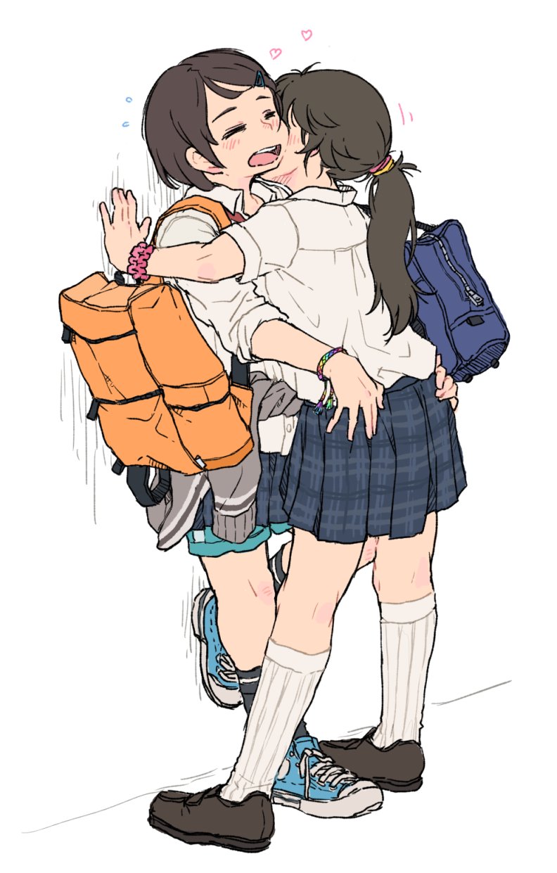 2girls, bag, black_footwear, black_legwear, blue_bag, blue_footwear, blue_skirt, blush