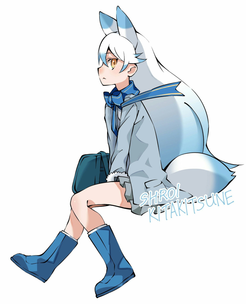 1girl, animal_ears, bag, blue_hair, boots, bow, bowtie, character_name