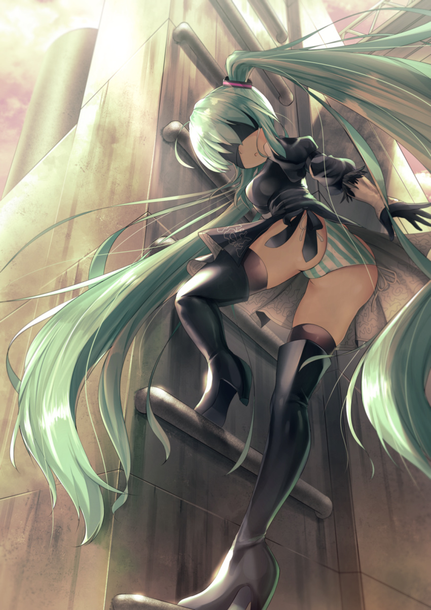 1girl, :o, absurdly_long_hair, arm_at_side, ass, back, bangs, black_blindfold