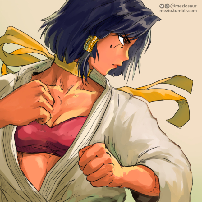 1girl, black_hair, bra, breasts, brown_eyes, choker, cleavage, clenched_hands, collarbone, cosplay, dark_skin, dougi, eye_of_horus, facial_tattoo, fighting_stance, from_side, hair_tubes, looking_to_the_side, makoto_(street_fighter), makoto_(street_fighter)_(cosplay), moize_opel, overwatch, pharah_(overwatch), red_bra, ribbon_choker, short_hair, solo, strapless, strapless_bra, street_fighter, street_fighter_iii_(series), tattoo, twitter_username, underwear