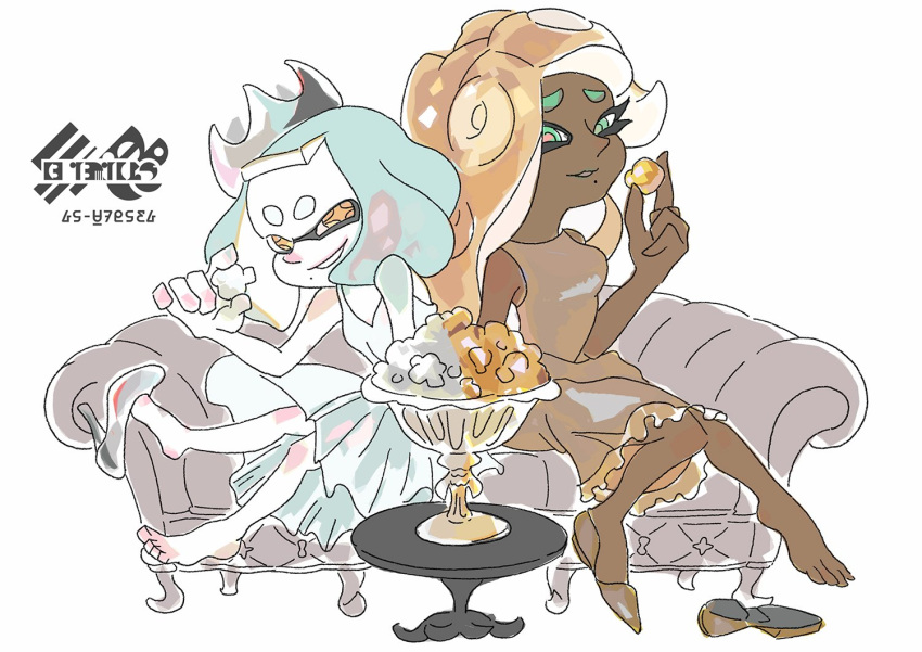 2girls, aqua_hair, brown_dress, brown_hair, commentary, couch, dress, food