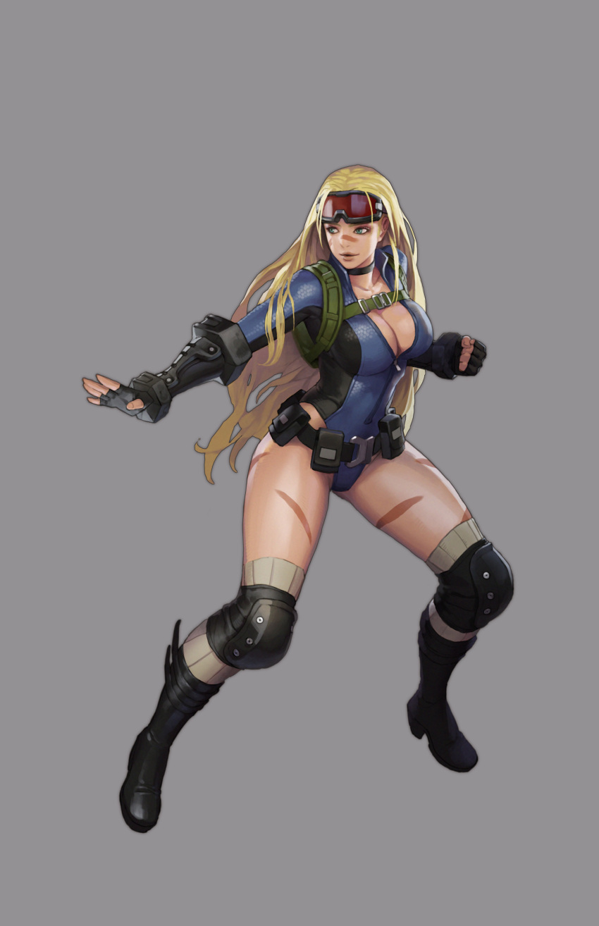 absurdres, alternate_costume, alternate_hairstyle, belt, blonde_hair, boots, breasts, cammy_white, camouflage_paint, cleavage, facepaint, fingerless_gloves, gloves, goggles, goggles_on_head, goom_goom, green_eyes, grey_background, highres, knee_boots, knee_pads, street_fighter, street_fighter_v, utility_belt, wetsuit, zipper