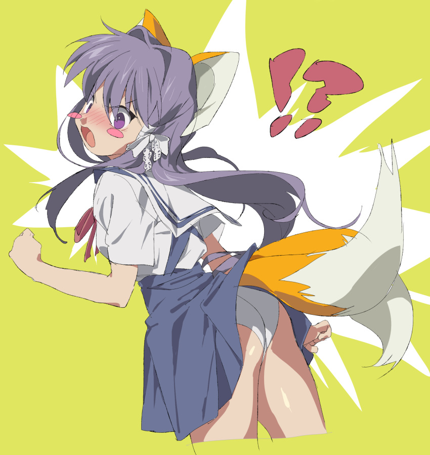 !?, 1girl, animal_ears, arm_at_side, ass, bangs, bare_arms, bare_shoulders