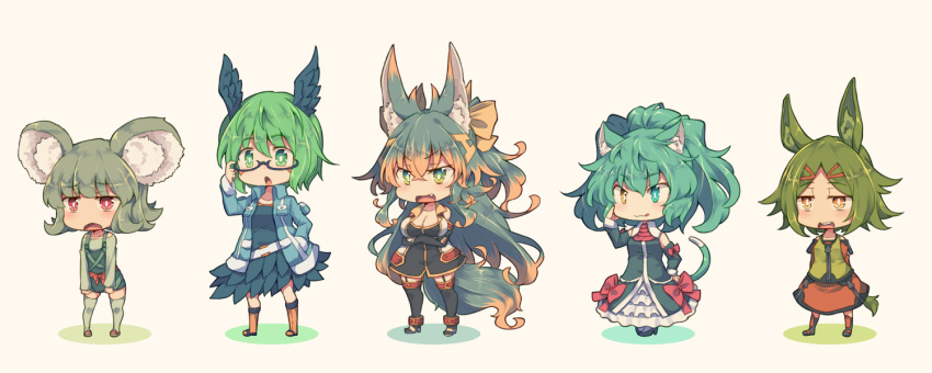 5girls, :p, adjusting_eyewear, animal_ears, breasts, brown_hair, cat_ears, cat_tail