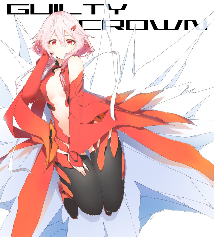 1girl, bare_shoulders, black_legwear, breasts, center_opening, cleavage, cleavage_cutout, detached_sleeves, elbow_gloves, fingerless_gloves, gloves, guilty_crown, hair_ornament, hair_tucking, hairclip, hand_in_hair, highres, homaru_sangou, long_hair, looking_at_viewer, medium_breasts, no_bra, pink_hair, red_eyes, solo, thigh-highs, yuzuriha_inori