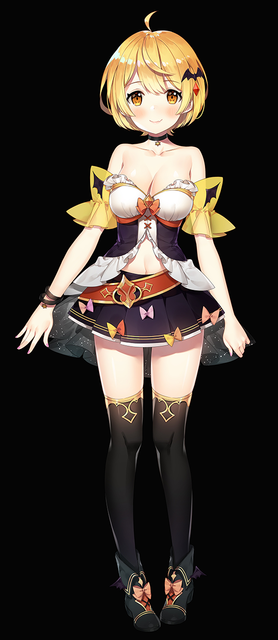 1girl, ahoge, ankle_boots, ayami, bare_shoulders, belt, black_background, black_choker, black_footwear, black_legwear, blonde_hair, blush, boot_bow, boots, bow, bracelet, breasts, choker, cleavage, closed_mouth, copyright_request, eyebrows_visible_through_hair, full_body, hair_ornament, highres, jewelry, looking_at_viewer, medium_breasts, midriff_peek, navel, orange_eyes, original, pink_bow, pleated_skirt, purple_skirt, short_hair, simple_background, skirt, smile, solo, standing, thigh-highs, virtual_youtuber
