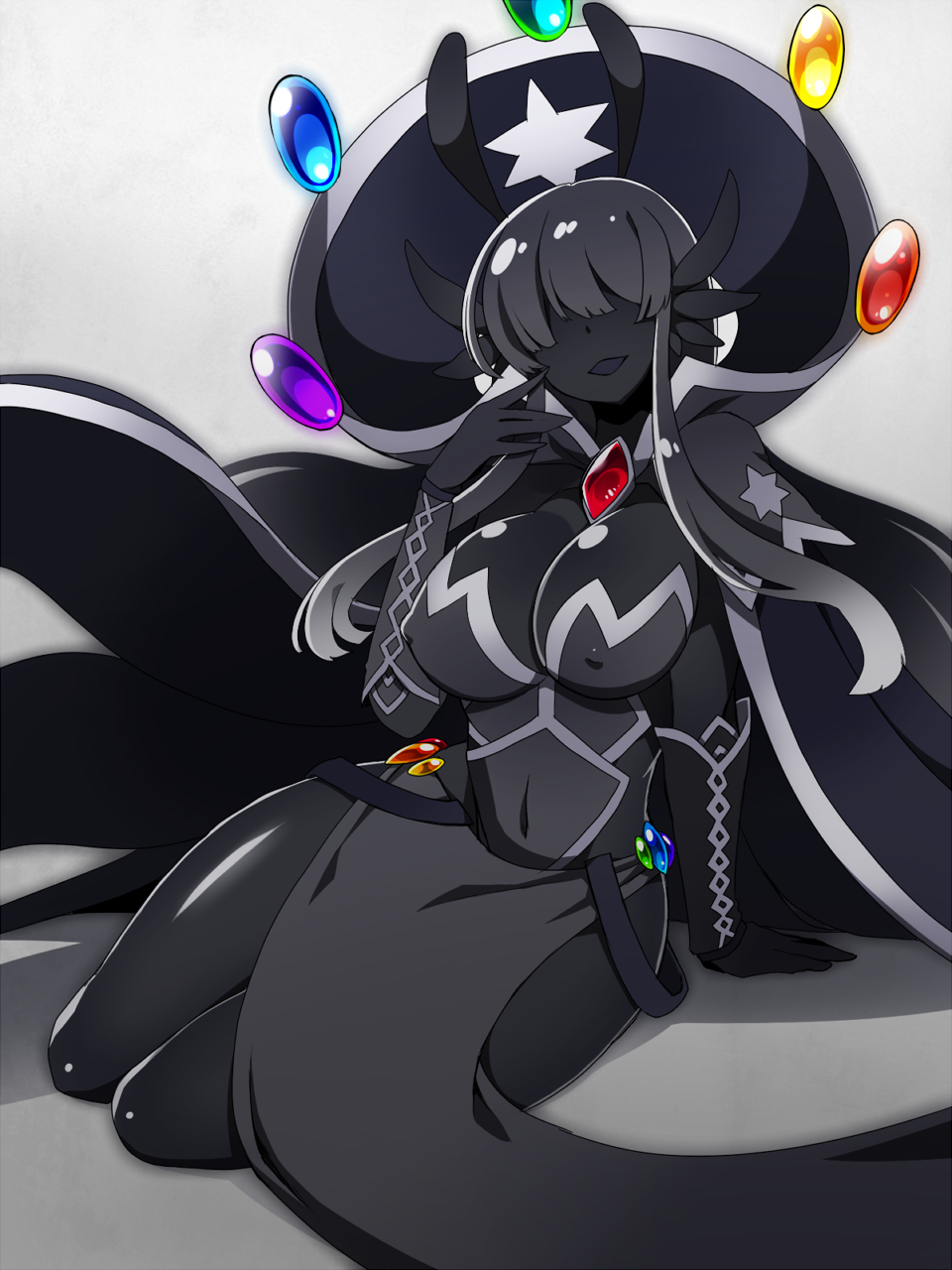 1girl, :d, antennae, black_hair, black_skin, breasts, cape, covered_eyes, covered_navel, covered_nipples, facing_viewer, gem, gloves, gradient, gradient_background, gradient_hair, grey_background, hand_up, hidden_eyes, highres, jewelry, large_breasts, long_hair, monster_girl, multicolored_hair, open_mouth, original, pelvic_curtain, sitting, smile, solo, tagme, tanpopo_hayabusa-maru, yokozuwari