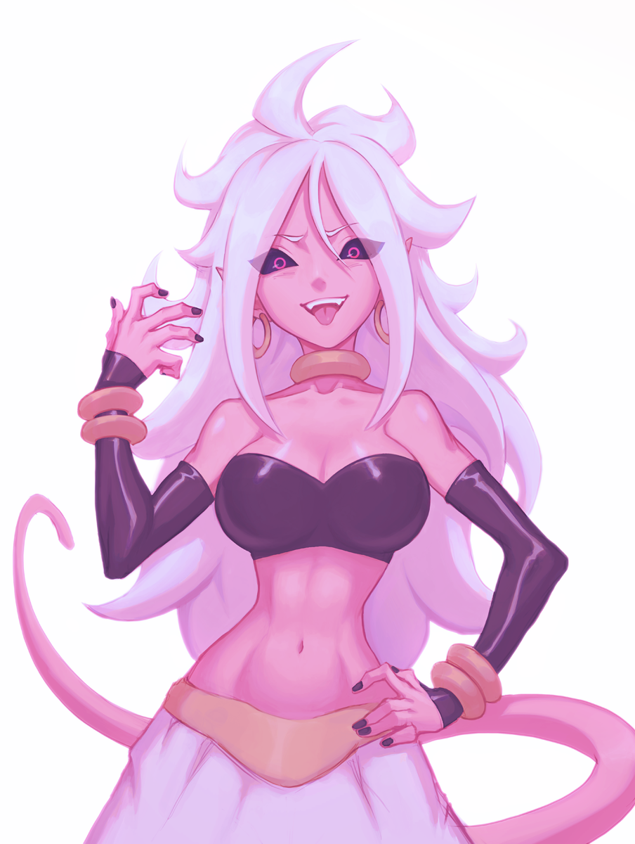 1girl, android_21, black_nails, black_sclera, bracelet, breasts, cleavage, commentary
