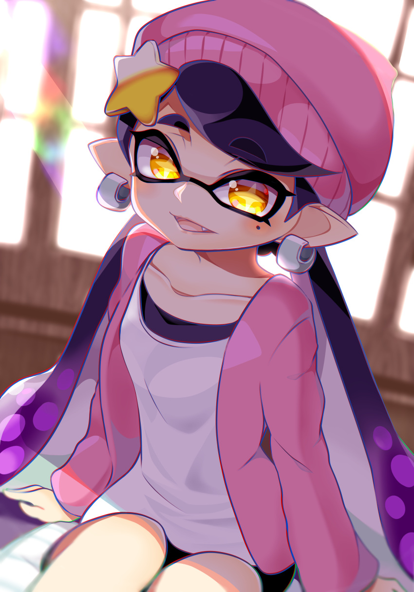 +_+, 1girl, absurdres, ao_hito, aori_(splatoon), beanie, earrings, eyes_visible_through_hair, fang, hair_ornament, hat, highres, jacket, jewelry, looking_at_viewer, mole, mole_under_eye, open_mouth, pink_jacket, pointy_ears, purple_hair, sitting, smile, solo, splatoon, splatoon_2, symbol-shaped_pupils, tentacle_hair, window, yellow_eyes
