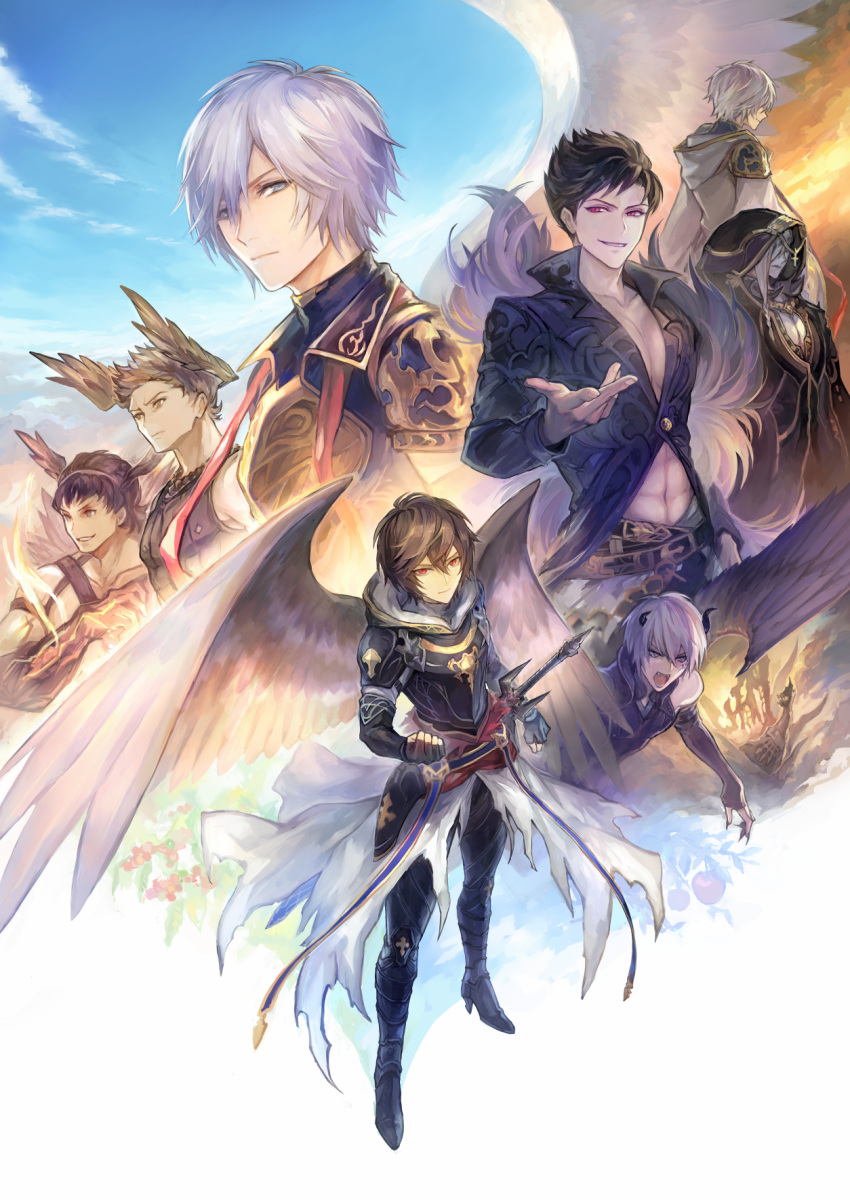 6+boys, armored_boots, azazel_(shingeki_no_bahamut), belial_(granblue_fantasy), black_cape, black_hair, black_pants, blonde_hair