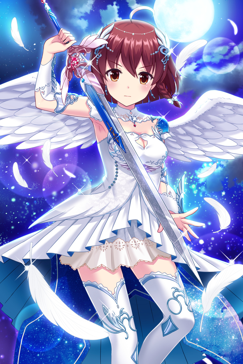 1girl, absurdres, ahoge, alternative_girls, angel, arm_up, braid, breasts