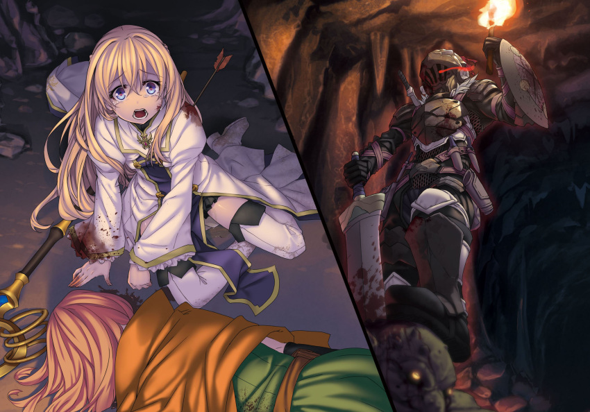 1boy, 1girl, arm_up, armor, arrow_in_body, black_gloves, black_skirt, blonde_hair
