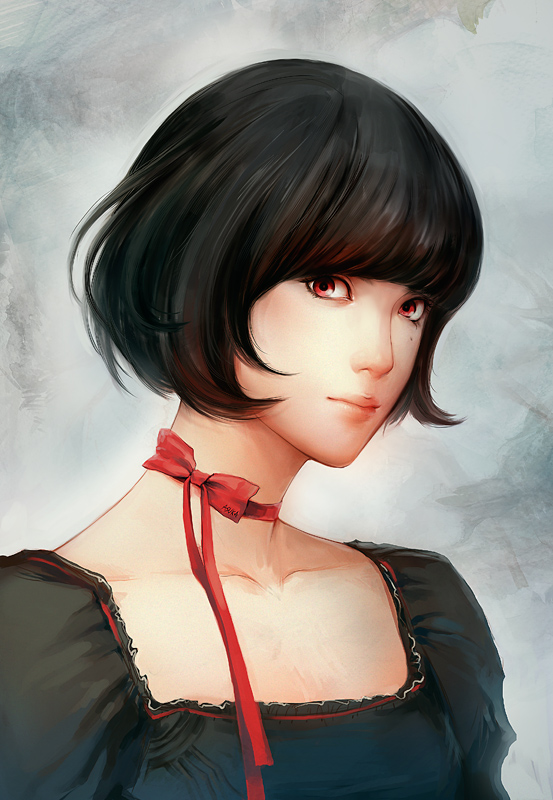 asuka111, bow, mole, neck_ribbon, original, patipat_asavasena, portrait, realistic, red_eyes, ribbon, short_hair, solo