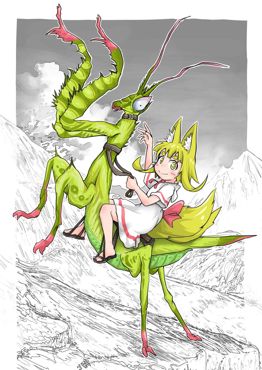 1girl, animal, animal_ears, barefoot, belt_collar, blonde_hair, bright_pupils, bug