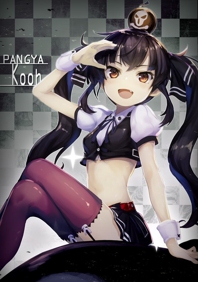 1girl, :d, arm_up, bangs, black_hair, blush, bomb, breasts, brown_eyes, checkered, checkered_background, cropped_shirt, cropped_vest, eyebrows_visible_through_hair, fang, garter_straps, kooh, legs_crossed, long_hair, looking_at_viewer, midriff, miniskirt, minutachi, open_mouth, pangya, puffy_short_sleeves, puffy_sleeves, purple_legwear, revision, short_sleeves, sitting, skirt, small_breasts, smile, solo, thigh-highs, twintails, very_long_hair, wrist_cuffs, zettai_ryouiki